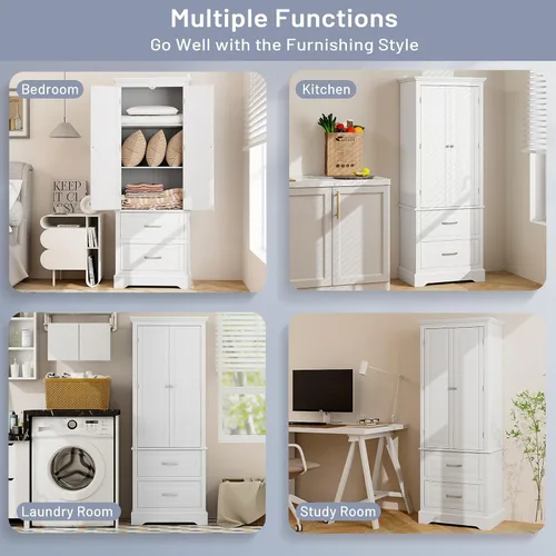 Vista 8 de LOKO Moderno armario alto para despensa de cocina, 62 pies de alto, blanco, grande (24 x 16 x 62 pies), 2 estantes ajustables, 2 cajones grandes