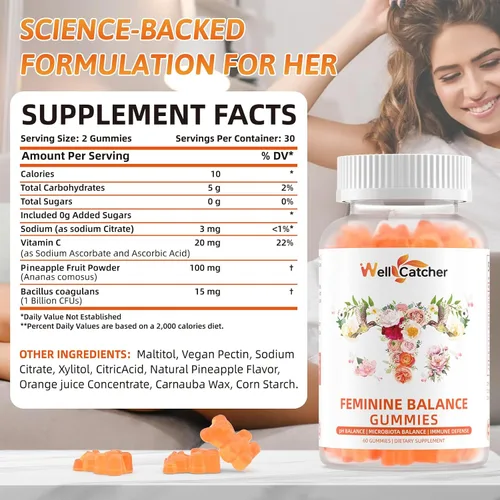 Vista 2 de Gomitas de equilibrio femenino prémium para mujer, gomitas probióticas de piña hawaiana para equilibrio del pH, salud vaginal y apoyo inmunológico