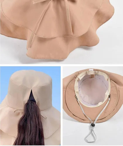 Vista 3 de Sombrero de sol para mujer, protección solar, ala ancha, plegable, sombrero de pescador, protección UV, con deflector de cuello Beige