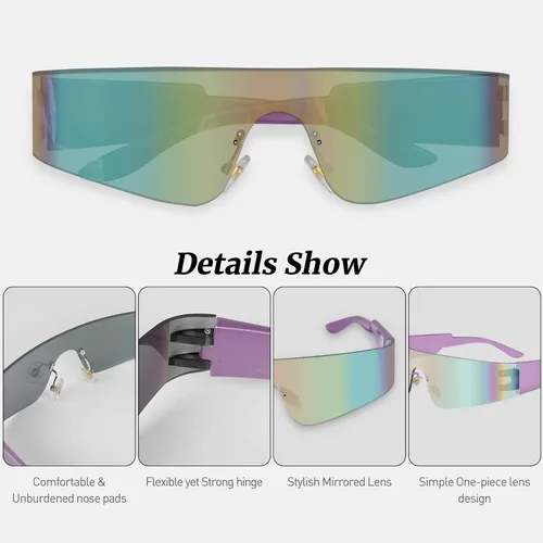 Vista 2 de Gafas de sol futuristas envolventes Y2K plateadas, de moda, sin marco, gafas Cyberpunk para mujeres y hombres, fiesta rave