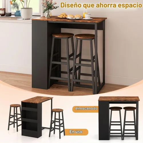 Vista 3 de Giantex Juego de mesa de comedor de 3 piezas, mesa de cocina rectangular de 36 pulgadas y 2 taburetes de bar con estantes de almacenamiento, juego