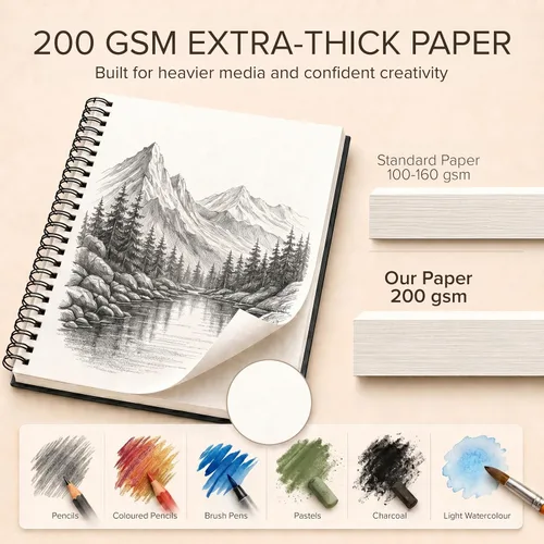 Vista 3 de Cuaderno de bocetos de artista de tapa dura – Papel muy grueso de 200GSM – Cuaderno de bocetos en espiral para dibujo y técnicas mixtas – Bloc