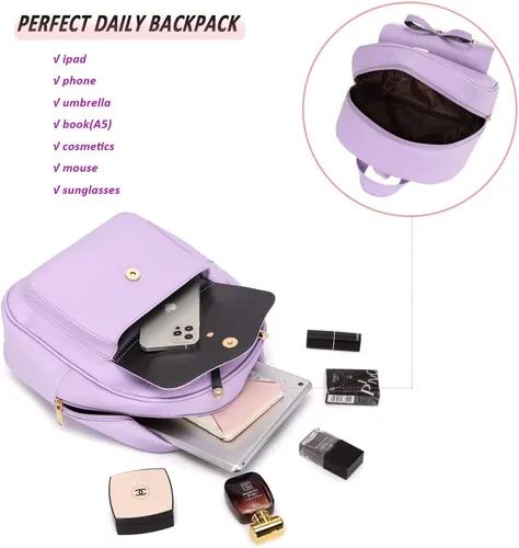 Vista 5 de MACCINELO Linda mochila de cuero para mujer, mochila pequeña con lazo para regalo de niñas, bolsa de hombro para mujer, 3