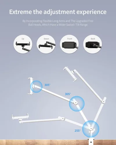 Vista 4 de ergounion Soporte de aluminio para tableta, soporte de abrazadera para iPad con brazo largo ajustable de 360°, soporte para iPad para escritorio