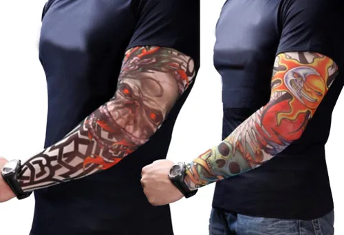 Vista 2 de Mangas temporales de tatuaje falso para hombres y mujeres con diseños de calavera, dragón, rosa, pez koi, lobo, buda, tribal, Brillante-5p