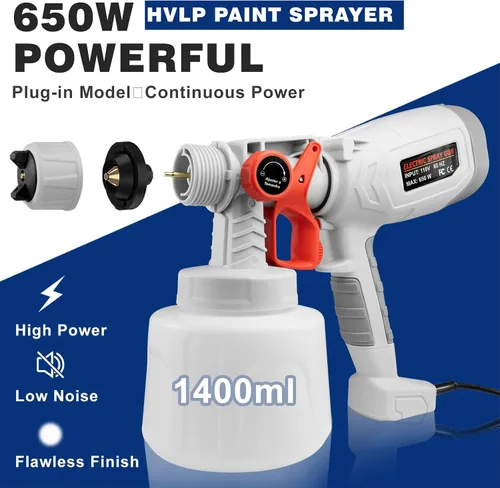 Vista 2 de Pulverizador de pintura, pulverizador de pintura eléctrico de 47.3 fl oz con 4 boquillas y 3 patrones, pistola de pulverización HVLP ultraligera