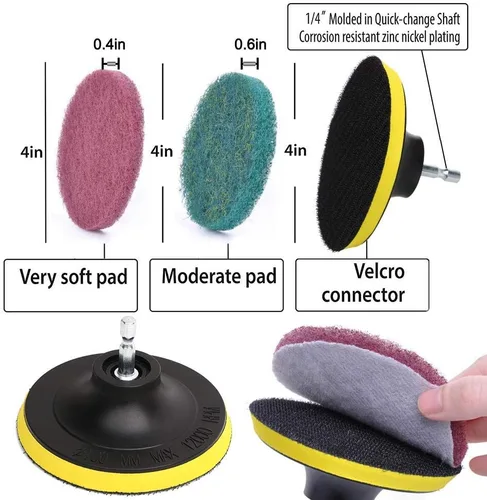 Vista 2 de DUOSHIDA - Kit de limpieza de 4 pulgadas con cepillo de limpieza de azulejos, 2 rigidez diferente, soporte de disco de 4 pulgadas con 6 almohadillas