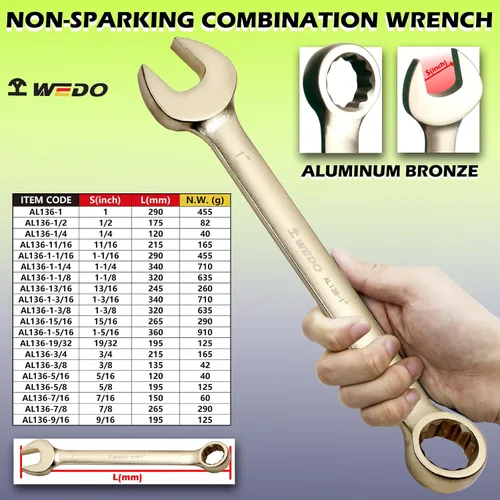 Vista 2 de WEDO Llave combinada sin chispas, llave combinada de seguridad sin chispas, bronce de aluminio, forja, DIN 3113, certificado BAM y FM, tamaño 1
