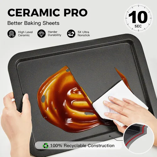 Vista 6 de HONGBAKE Juego de bandejas de cerámica para hornear, bandeja de galletas para horno, juegos de utensilios para hornear con agarres más anchos