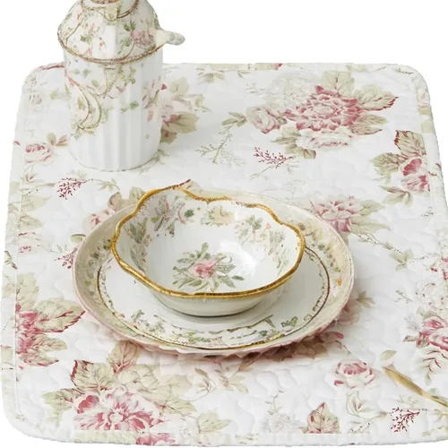 Vista 7 de DaDa Bedding - Juego de 4 manteles individuales para mesa de comedor, diseño de rosas de cabaña, acolchado, de algodón, delicadas, flores, jardín