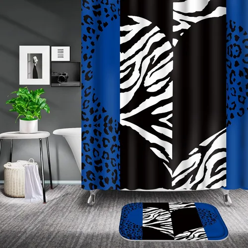 Vista 2 de Poedist - Juego de cortinas de ducha para baño, 4 piezas, diseño de leopardo azul brillante, incluye cortinas de ducha y tapetes para baño