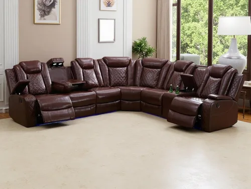 Vista 7 de Juego de sofá de cuero transpirable con puerto USB, 5 sofás seccionales reclinables en forma de L y 2 sillas, juego de sofá seccional reclinable