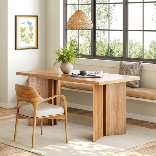 Vista 4 de LITTLE TREE Juego de mesa de comedor de madera para 6, mesa de cocina rectangular de 63 pulgadas, mesa de comedor moderna para el hogar, comedor