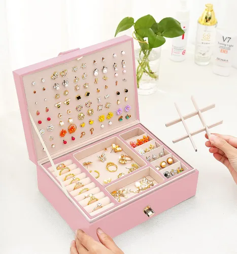 Vista 3 de QBestry Organizador de aretes de tuerca para niñas caja de joyería rosa para aretes collar organizador de joyas caja de aretes para mujer soporte