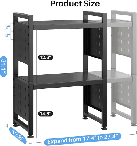 Vista 6 de Estante para horno de microondas expandible, estante de horno de microondas resistente de 3 niveles ajustable con 8 ganchos y 2 soportes, estante