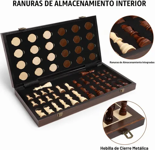 Vista 2 de LEAP - Juego de ajedrez y damas de madera de 15.3 pulgadas, tablero de ajedrez plegable de ébano artificial