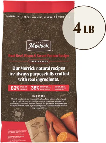 Vista 6 de Merrick - Alimento seco para perros, receta de bisonte real, carne de res y batata libre de granos, 4 libras, en bolsa