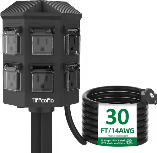 Vista 11 de TiFFCOFiO Tira de alimentación para exteriores resistente a la intemperie, cable de extensión de 15 pies con estaca, 6 tomas de tierra