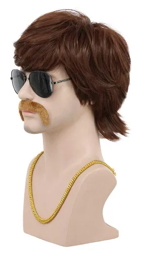 Vista 2 de karlery 3 piezas de peluca corta ondulada marrón con collar, bigote de los años 70 y 80, peluca de cantante de disco hippie California para fiesta