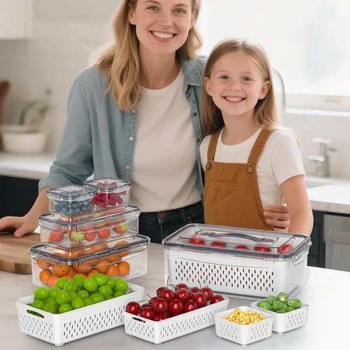 Vista 7 de 5 recipientes de almacenamiento de frutas para refrigerador con colador extraíble y tapa con asa, organizadores y almacenamiento de refrigerador