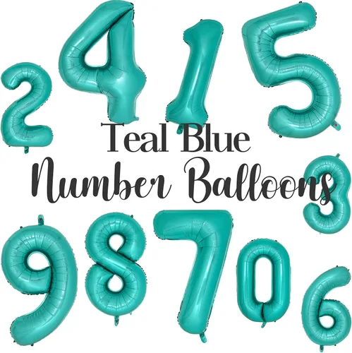 Vista 4 de Globos de color verde azulado con el número 0 de 40 pulgadas, globos grandes de papel de aluminio azul turquesa para mujer, decoraciones