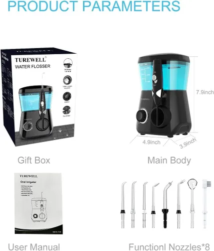 Vista 9 de TUREWELL Irrigador oral de hilo dental con agua, limpiador dental de 21.1 fl oz, 10 presiones ajustables, irrigador oral eléctrico para aparatos