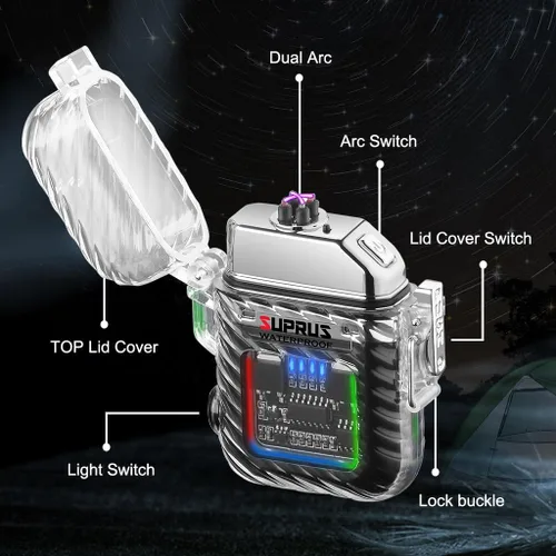 Vista 2 de SUPRUS Luminoso 3 modos de linterna resistente al viento, impermeable, encendedor eléctrico recargable de plasma de doble arco con silbato de Negro