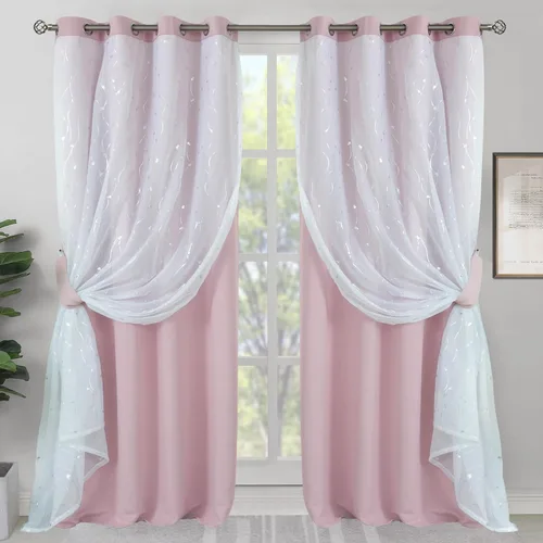 Vista 12 de BGment Cortinas de oscurecimiento de habitación con superposición transparente, cortinas de tul estampado plateado de doble capa para sala de estar