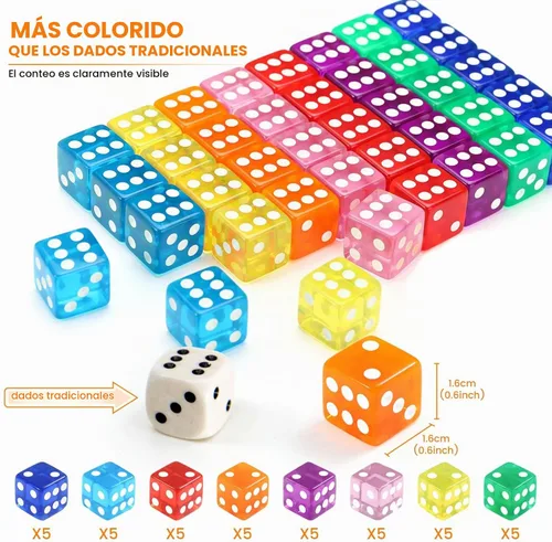 Vista 2 de GWHOLE Juego de 40 dados de 6 caras, 8 colores translúcidos para juegos de mesa y enseñanza de matemáticas
