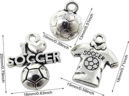 Vista 2 de Honbay 60 dijes deportivos de bola de aleación, dijes de fútbol con texto en inglés "I Love Soccer Soccer Jersey", colección de dijes deportivos