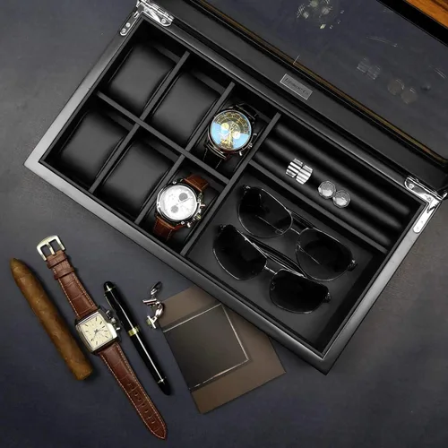 Vista 3 de Lifomenz Co Caja de joyería de reloj para hombre con 6 ranuras, 6 fundas de reloj, 8 pares de gemelos y lentes de sol, organizador grande de madera