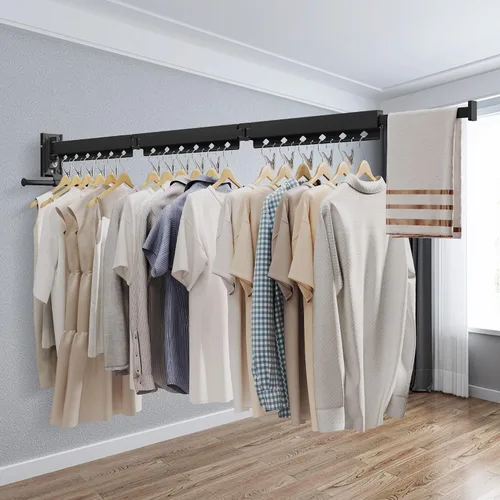 Vista 7 de ZdwCyl Percha de ropa montada en la pared, estante de secado de ropa de aluminio, ahorro de espacio, retráctil, agujeros a prueba de viento