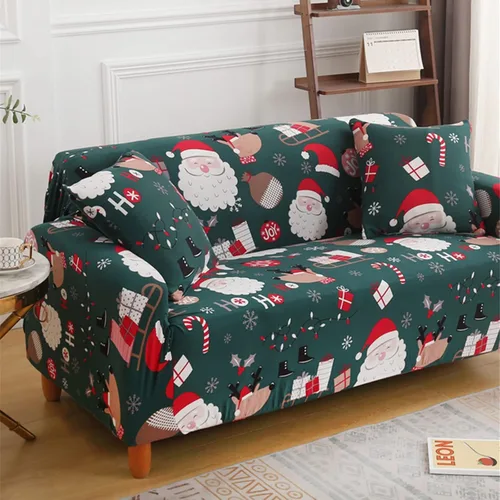 Vista 2 de Yiran - Funda de sofá verde de Navidad, protector de muebles para niños y mascotas con Santa Claus impreso, funda elástica para sofá de 3 plazas