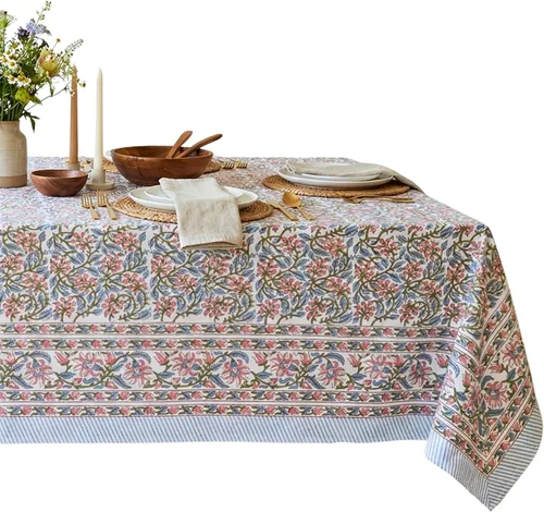 Vista 51 de ATOSII Mantel 100% algodón, Amara, floral, hecho a mano, rectangular, de lino, para cocina, comedor, fiestas, bodas, exteriores, picnics, Pascua