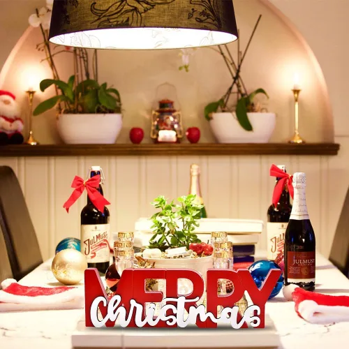 Vista 4 de GHOSTMAGIC Letrero de Feliz Navidad, Decoración de Navidad de Madera, Centro de Mesa Independiente, Decoración de Fiesta de Navidad para Mesa
