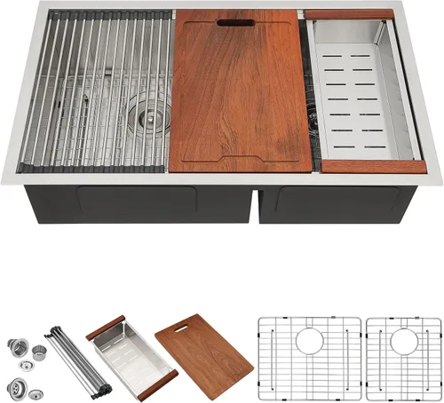 Vista 17 de Lordear Fregadero de cocina de 28 pulgadas de acero inoxidable de calibre 16 con doble plato y estación de trabajo de montaje inferior de 60/40