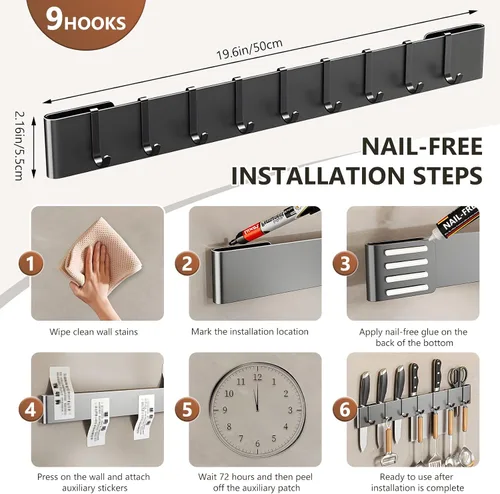 Vista 2 de Colgador de utensilios de cocina de 19.68 pulgadas: 9 ganchos para utensilios, estante para colgar, sin taladrar para cocina, despensa, baño (negro)