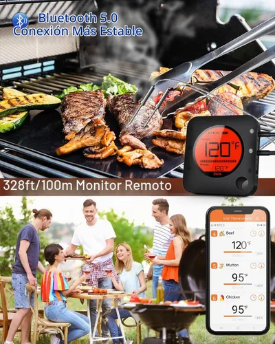 Vista 2 de BFOUR Termómetro de carne inalámbrico Bluetooth, termómetro digital LCD para carne con doble sonda, termómetro remoto inalámbrico para ahumador