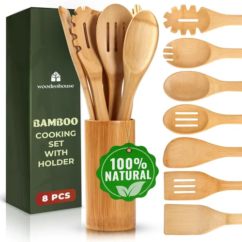 Vista 10 de Juego de utensilios de madera de bambú, 6 piezas, antiadherentes, seguros y resistentes al calor, utensilios de bambú para cocinar, fáciles
