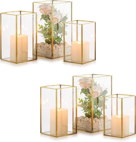 Vista 13 de NUPTIO Portavelas de Cristal Hurricane: 3 Piezas Linternas Negras Geométricas Portavelas de Velas de Pilar Linterna Decorativa Centro de Mesa
