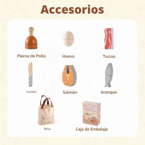 Vista 6 de ROBUD Juego de Comida de Madera para Jugar, Alimentos de Juguete para Cortar para Cocina de Simulación de Niños, Accesorios de Juguete de Cocina