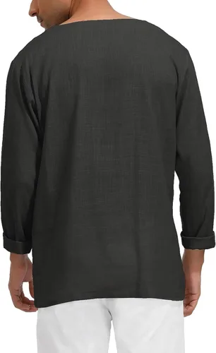 Vista 4 de PJ PAUL JONES Men's Linen Henley Shirt Long Sleeve V Neck Lace Up Renaissance Shirt Yoga Top