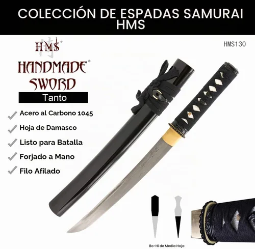 Vista 8 de HMS Espada Samurai Tanto japonesa, hierro Tsuba, acero al carbono 1045, forjada a mano templada, espiga completa, afilada