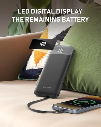 Vista 7 de Charmast Cargador portátil con cables incorporados, batería externa delgada de 10,000 mAh, cargador externo de alta velocidad con puerto USB C