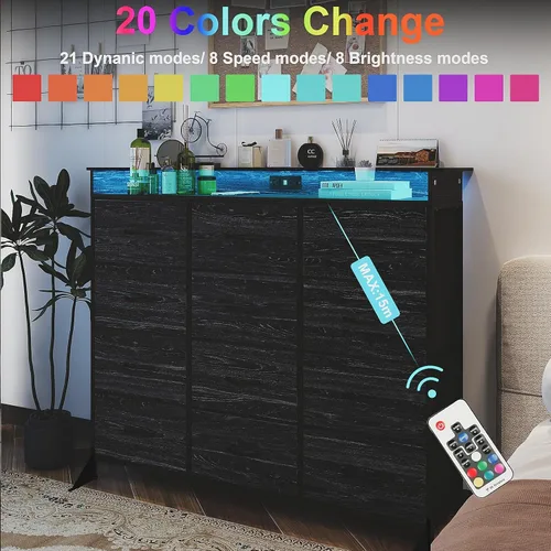 Vista 3 de Cómoda negra con luz LED, 12 cajones con estación de carga, cómoda para dormitorio con 12 cajones de tela para dormitorio, pasillo, entrada