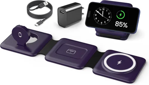 Vista 12 de Iseyyox Estación de carga para dispositivos Apple – Base de carga inalámbrica plegable magnética 3 en 1 – Almohadilla de carga de viaje para MagSafe