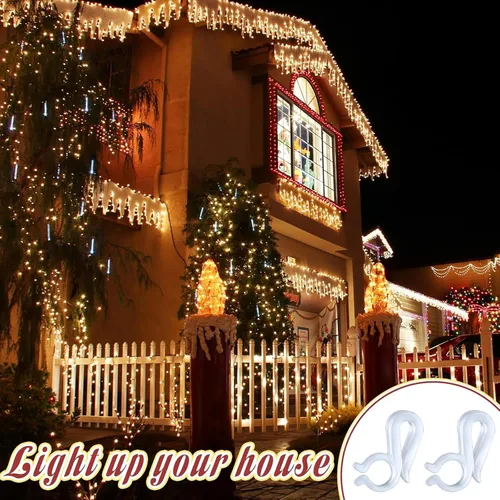 Vista 5 de Paquete de 100 clips para luces navideñas, clips para luces de Navidad para exteriores, gancho para canalones para decoración navideña de interiores