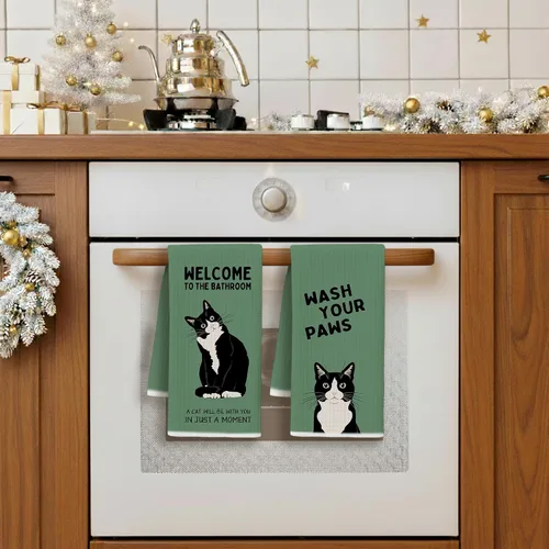 Vista 5 de Juego de 2 toallas de mano de baño con esmoquin verde retro, decoración de baño de gato, toallas de mano de gatito blanco y negro para baño, 16 x 24