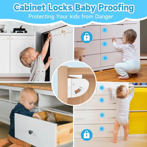 Vista 2 de Paquete de 4 cerraduras magnéticas para gabinete para seguridad infantil, cerraduras de cajones a prueba de bebés, cerraduras magnéticas