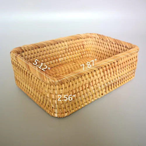 Vista 3 de Caja de frutas de mimbre rectangular hecha a mano, bandeja de ratán, organizador de revistas y objetos pequeños, cesta para servir (pequeña)